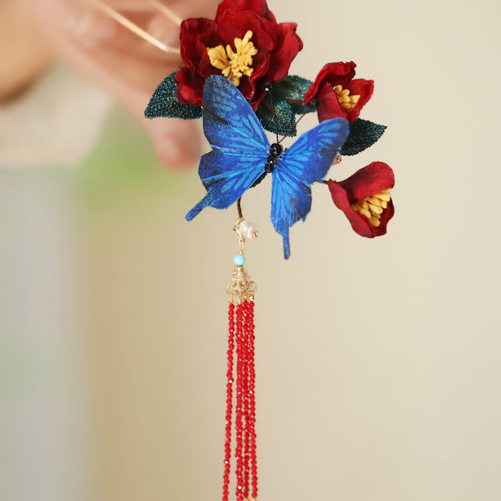 Buddha Stones Klassieke Chinese Haarspeld met rode bloem en blauwe vlinder - image 6