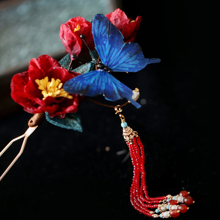 Buddha Stones Klassieke Chinese Haarspeld met rode bloem en blauwe vlinder - image 10