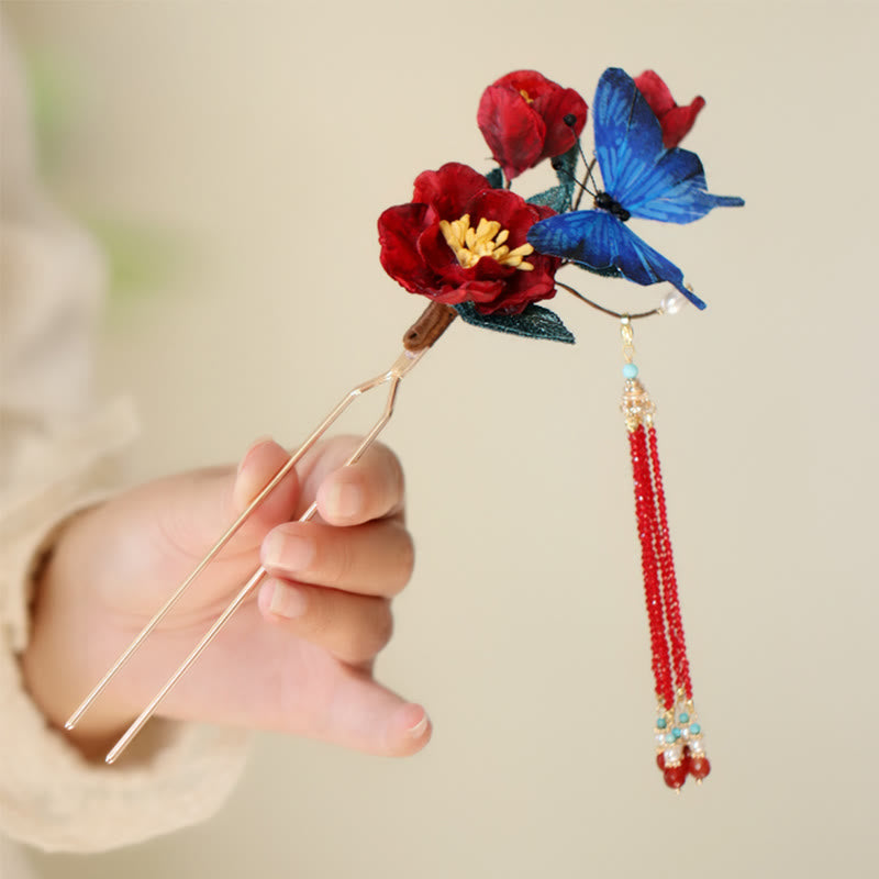 Buddha Stones Klassieke Chinese Haarspeld met rode bloem en blauwe vlinder - image 7
