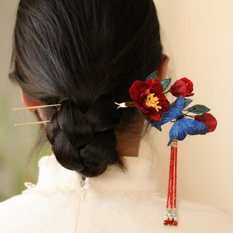 Buddha Stones Klassieke Chinese Haarspeld met rode bloem en blauwe vlinder - image 3