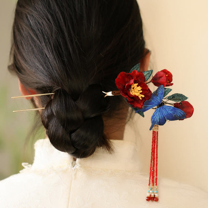Buddha Stones Klassieke Chinese Haarspeld met rode bloem en blauwe vlinder - image 3