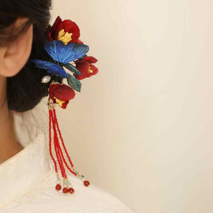 Buddha Stones Klassieke Chinese Haarspeld met rode bloem en blauwe vlinder - Haarspeld met rode bloem en vlinder - image 0