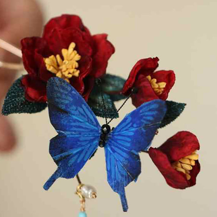 Buddha Stones Klassieke Chinese Haarspeld met rode bloem en blauwe vlinder - image 8
