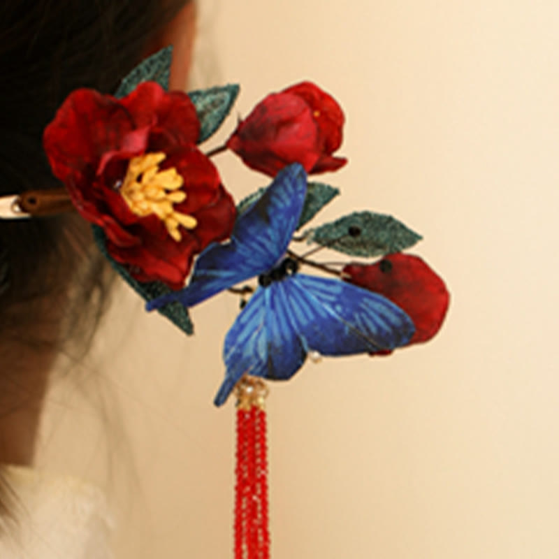 Buddha Stones Klassieke Chinese Haarspeld met rode bloem en blauwe vlinder - image 5