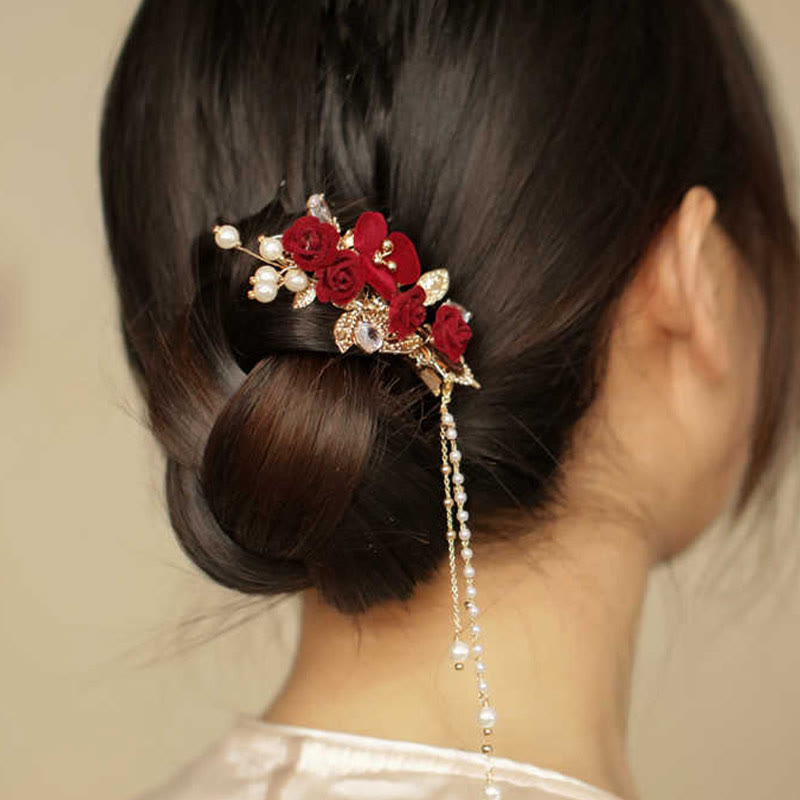 Buddha Stones Retro Chinese stijl rode camelia bloem kwastje zijhaarclip - image 2