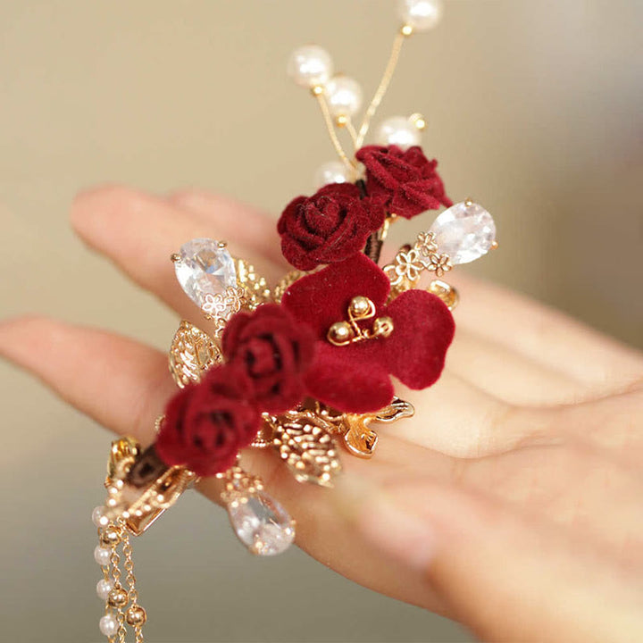 Buddha Stones Retro Chinese stijl rode camelia bloem kwastje zijhaarclip - image 8