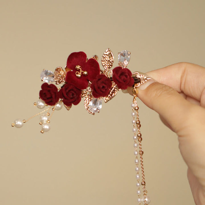 Buddha Stones Retro Chinese stijl rode camelia bloem kwastje zijhaarclip - image 7