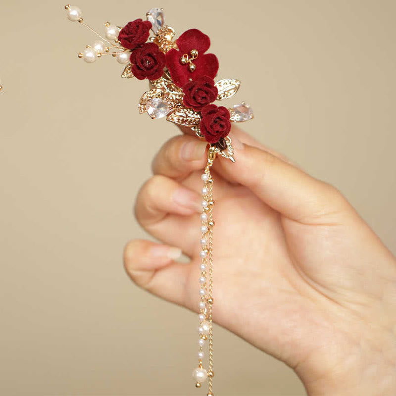 Buddha Stones Retro Chinese stijl rode camelia bloem kwastje zijhaarclip - image 6