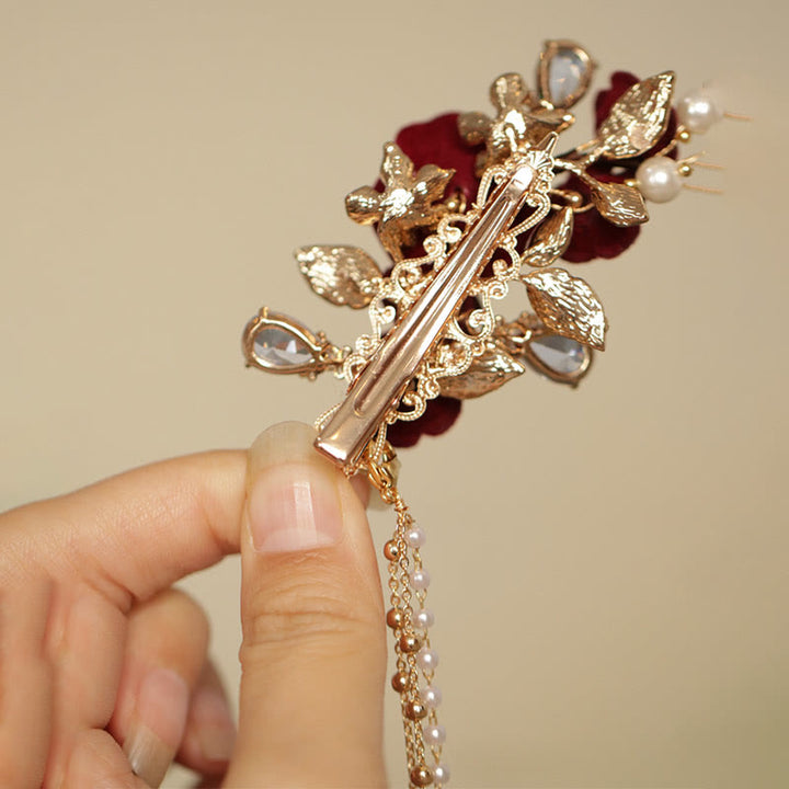 Buddha Stones Retro Chinese stijl rode camelia bloem kwastje zijhaarclip - image 9