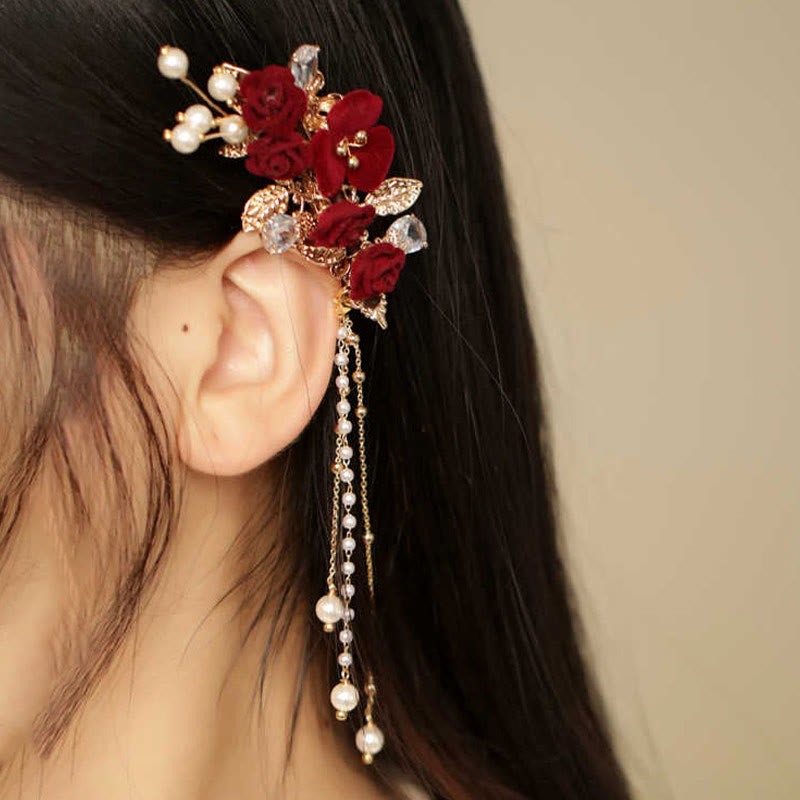 Buddha Stones Retro Chinese stijl rode camelia bloem kwastje zijhaarclip - Haarclip met rode camelia-kwastjes - image 0