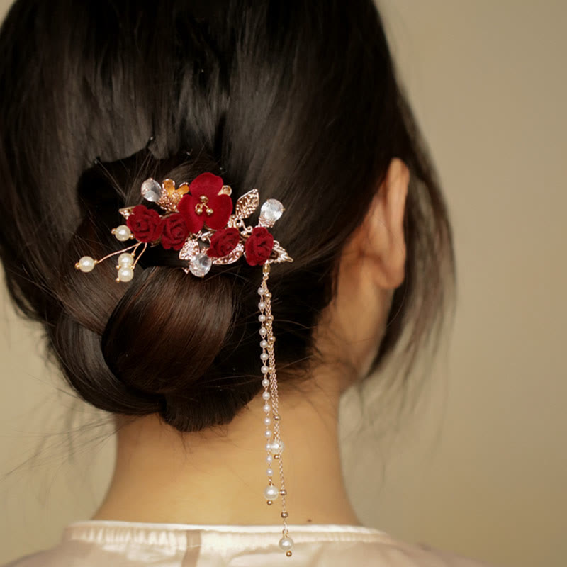 Buddha Stones Retro Chinese stijl rode camelia bloem kwastje zijhaarclip - image 3