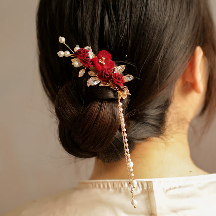 Buddha Stones Retro Chinese stijl rode camelia bloem kwastje zijhaarclip - image 4
