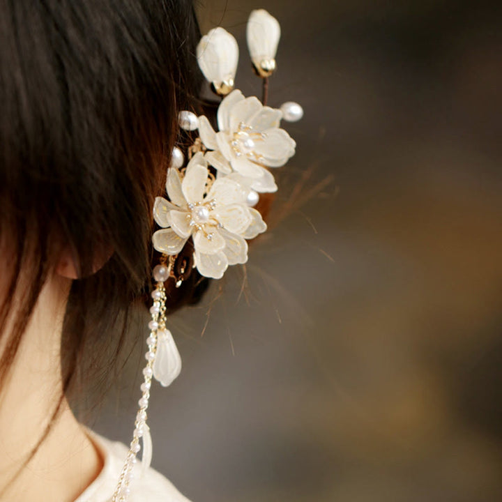 Buddha Stones Klassieke Magnolia Kwastje Zijhaarclip - Witte haarclip - image 0