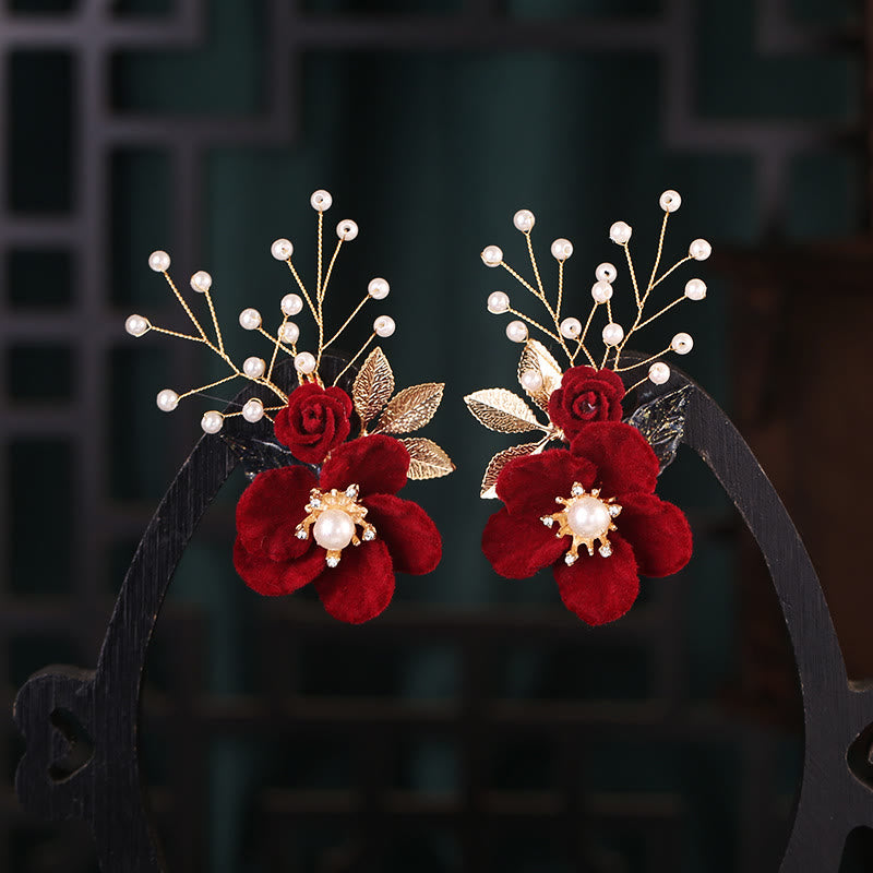 Buddha Stones Antieke haarclipset met rode bloemen en parelkwastjes - image 2