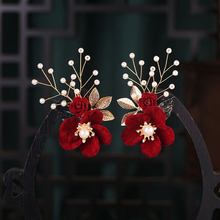 Buddha Stones Antieke haarclipset met rode bloemen en parelkwastjes - image 2