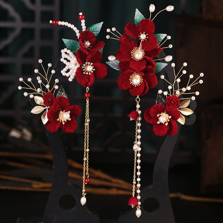 Buddha Stones Antieke haarclipset met rode bloemen en parelkwastjes - Haarclipset - image 0