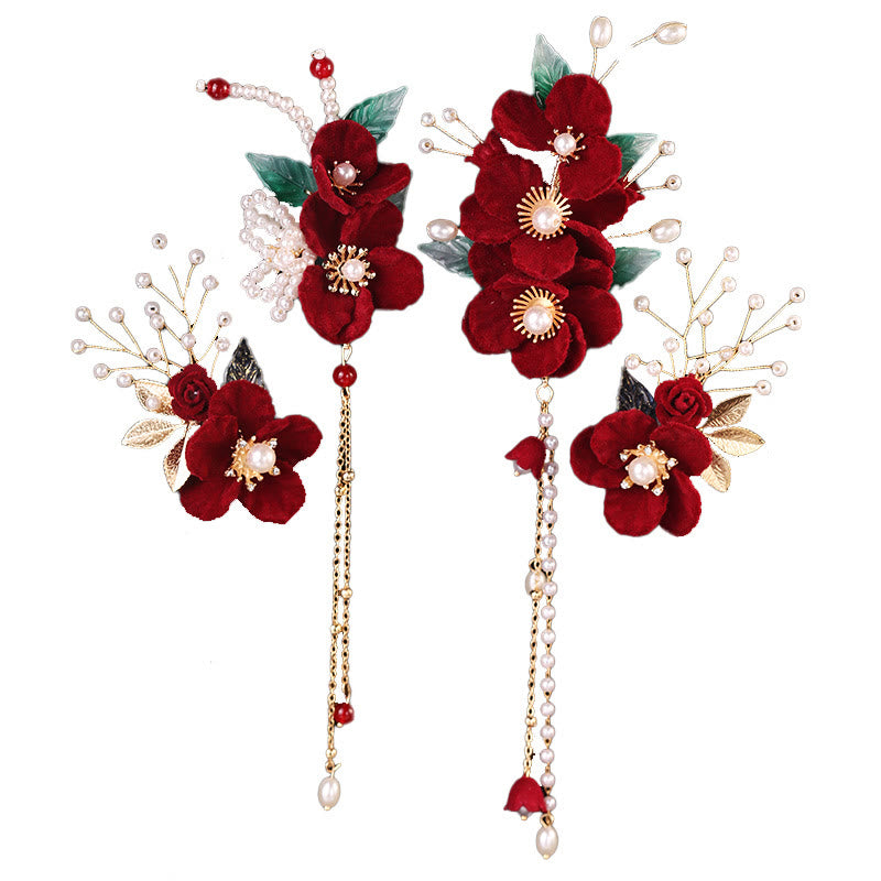 Buddha Stones Antieke haarclipset met rode bloemen en parelkwastjes - image 4