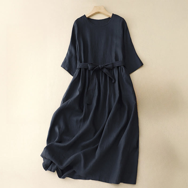 Buddha Stones Casual, Ronde hals Midi jurk met ronde Mouwlengte en Zakken. - image 1