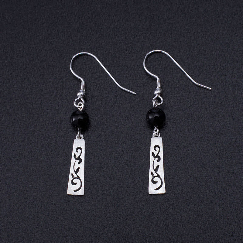 Buddha Stones Oorbellen met holle wijnrankmotief van 925 sterling zilver en zwarte onyx, ter bescherming. - 925 sterling zilver - image 0