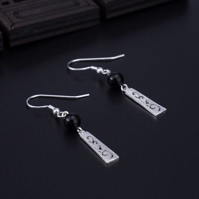 Buddha Stones Oorbellen met holle wijnrankmotief van 925 sterling zilver en zwarte onyx, ter bescherming. - image 1