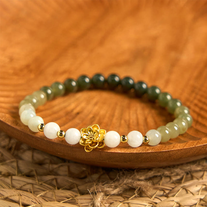 Buddha Stones Armband van natuurlijke Hetian-jade met kleurverloop en lotusbloemmotief. - Jade (polsomtrek 15-16 cm) - image 0