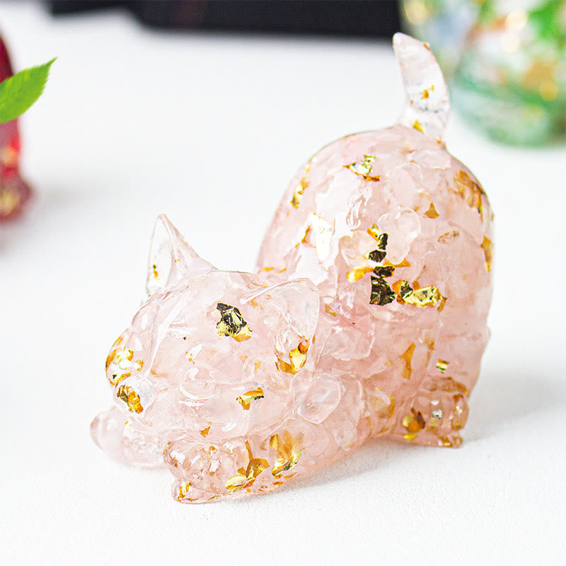 Buddha Stones Rekkende kat van hars met kristalgrind als meditatiedecoratie - Roze kristal - 4,5*3*4,2 cm - image 2
