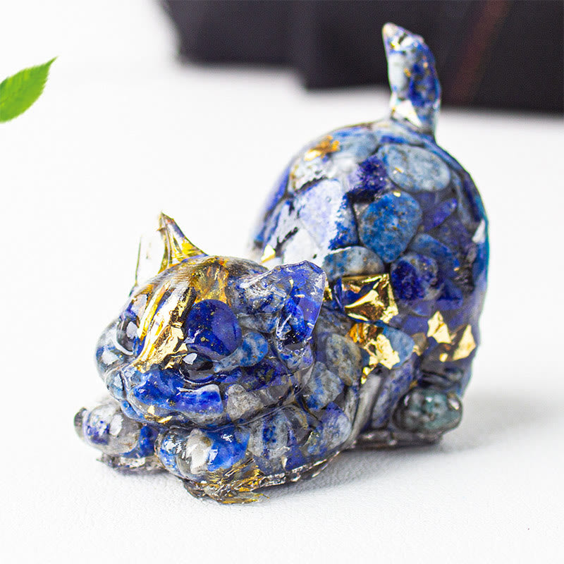 Buddha Stones Rekkende kat van hars met kristalgrind als meditatiedecoratie - Lapis lazuli (lazuriet) - 4,5*3*4,2 cm - image 6
