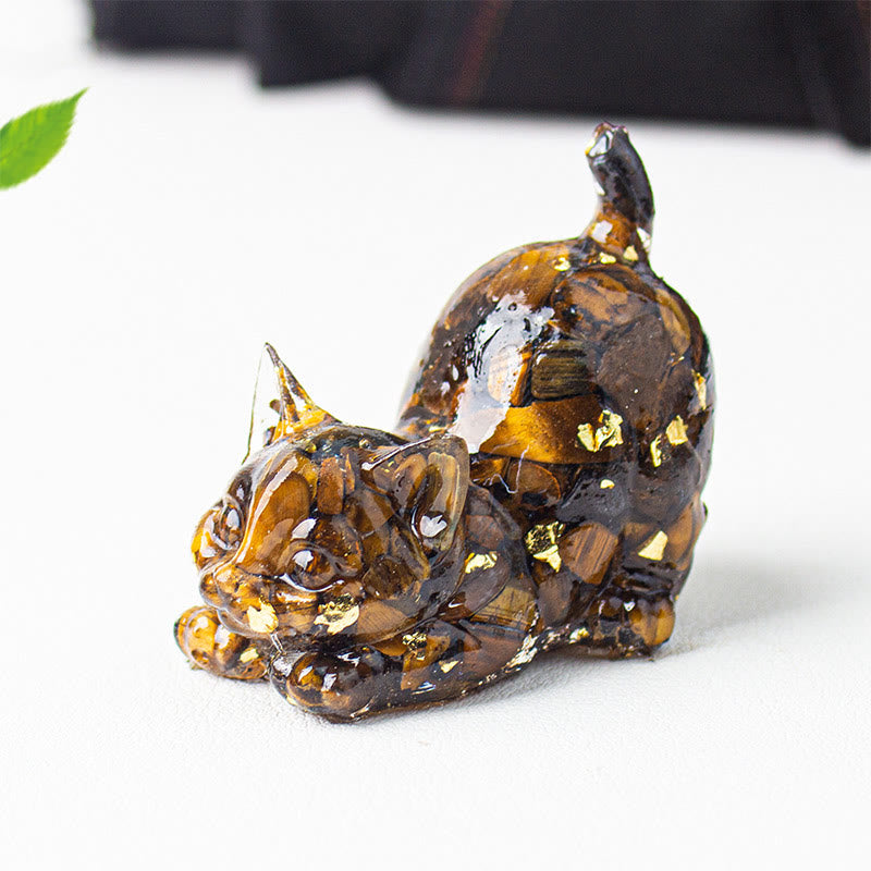 Buddha Stones Rekkende kat van hars met kristalgrind als meditatiedecoratie - Tijgeroog - 4,5*3*4,2 cm - image 10