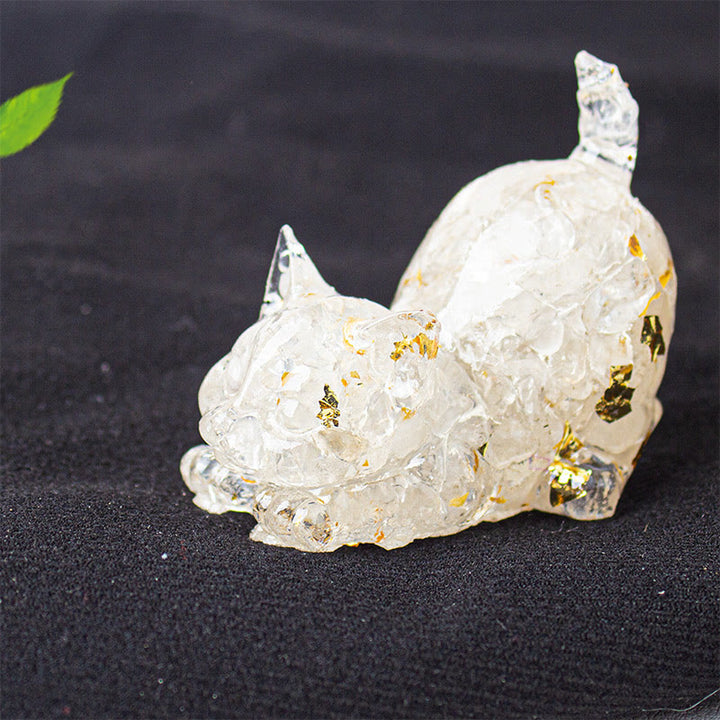 Buddha Stones Rekkende kat van hars met kristalgrind als meditatiedecoratie - Witte kristal - 4,5*3*4,2 cm - image 14