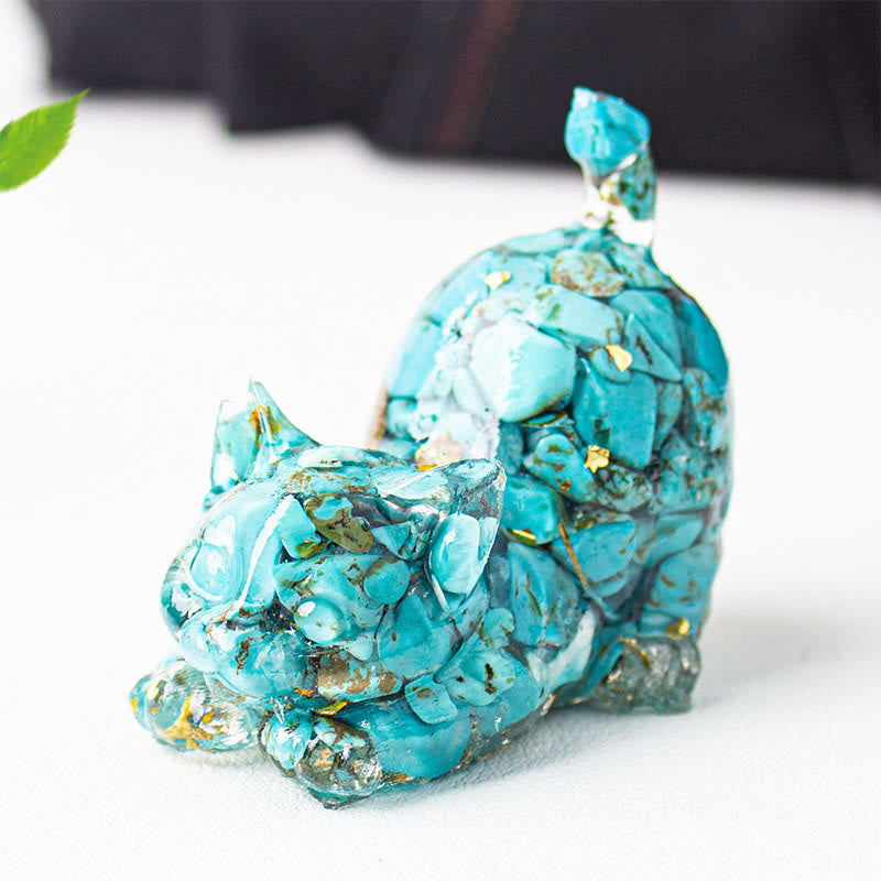 Buddha Stones Rekkende kat van hars met kristalgrind als meditatiedecoratie - Turkoois - 4,5*3*4,2 cm - image 8