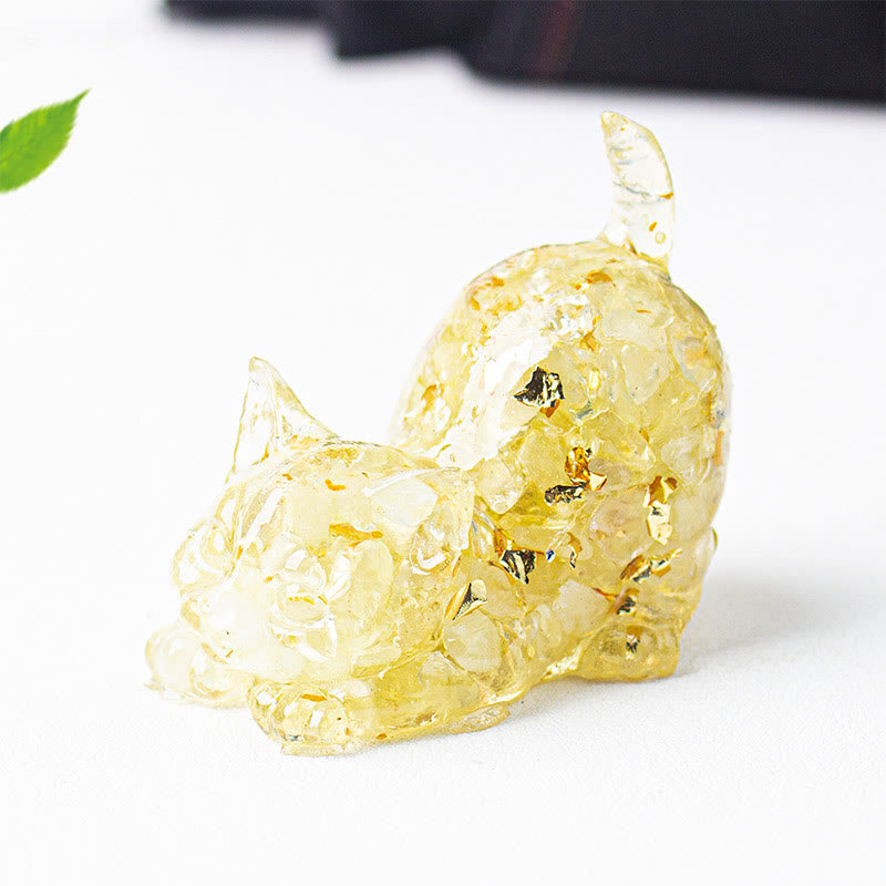 Buddha Stones Rekkende kat van hars met kristalgrind als meditatiedecoratie - Lichte citrien - 4,5*3*4,2 cm - image 16