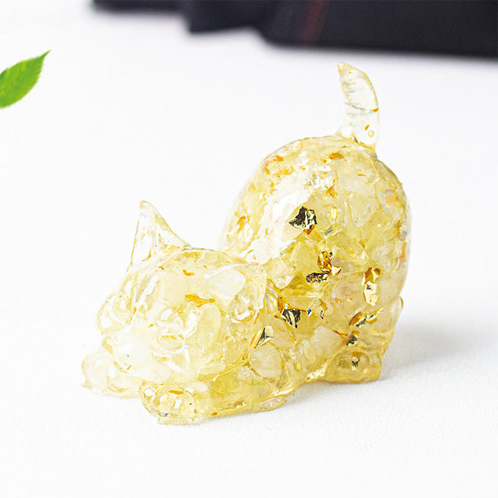Buddha Stones Rekkende kat van hars met kristalgrind als meditatiedecoratie - Lichte citrien - 4,5*3*4,2 cm - image 16