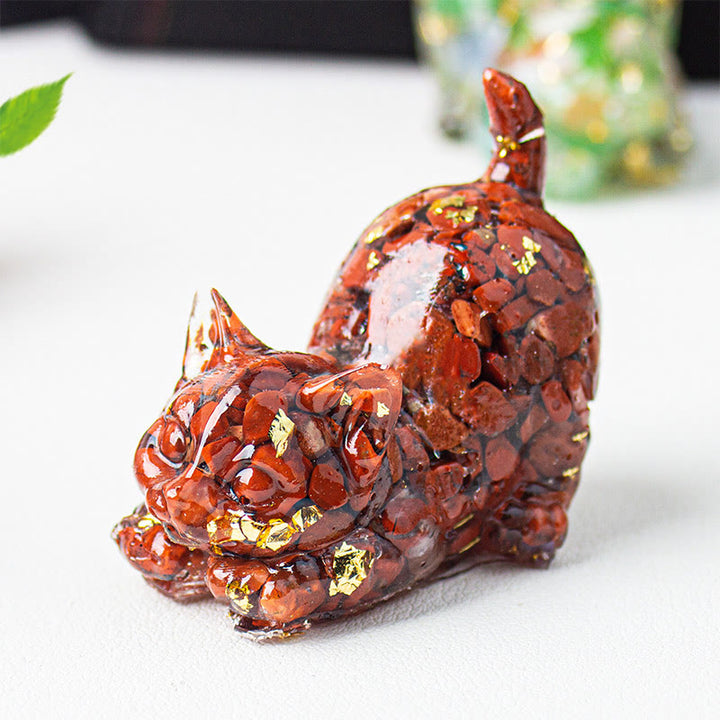 Buddha Stones Rekkende kat van hars met kristalgrind als meditatiedecoratie - Rode jaspis - 4,5*3*4,2 cm - image 19