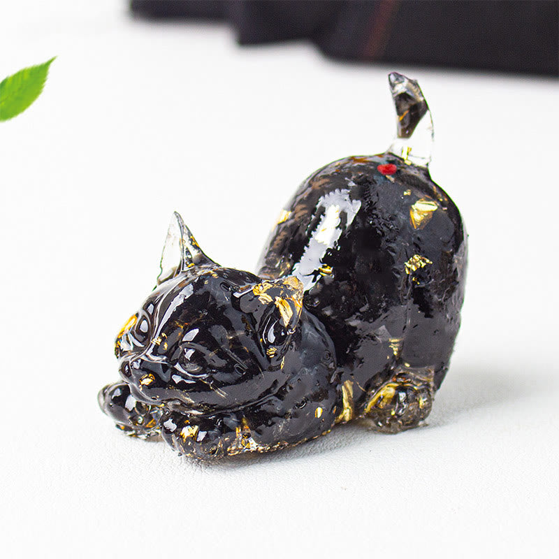Buddha Stones Rekkende kat van hars met kristalgrind als meditatiedecoratie - Zwarte obsidiaan - 4,5*3*4,2 cm - image 21