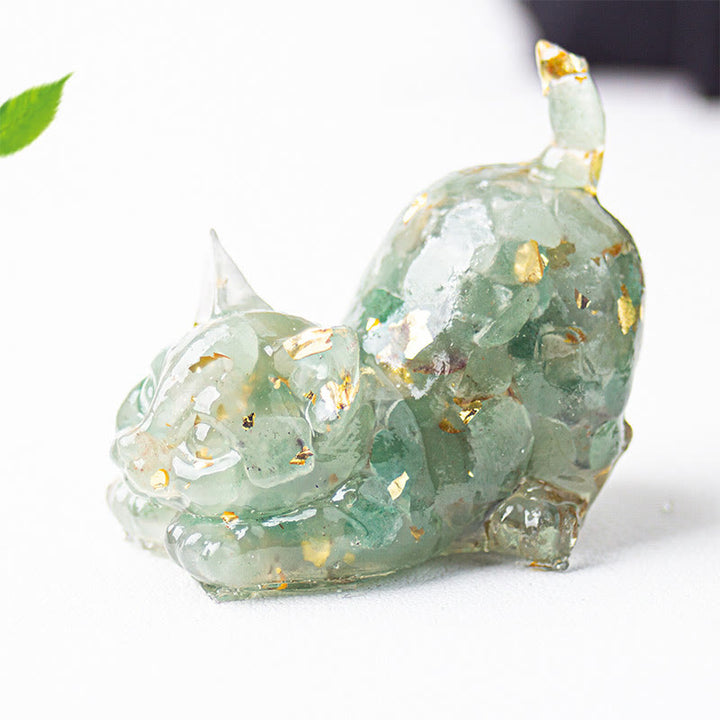 Buddha Stones Rekkende kat van hars met kristalgrind als meditatiedecoratie - Groene aventurijn - 4,5*3*4,2 cm - image 17