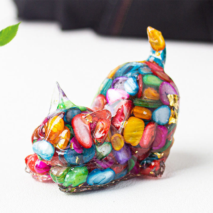 Buddha Stones Rekkende kat van hars met kristalgrind als meditatiedecoratie - Kleurrijke schelp - 4,5*3*4,2 cm - image 25