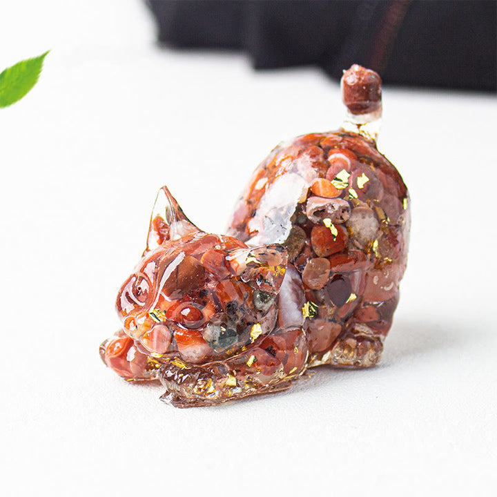 Buddha Stones Rekkende kat van hars met kristalgrind als meditatiedecoratie - Rode agaat - 4,5*3*4,2 cm - image 23