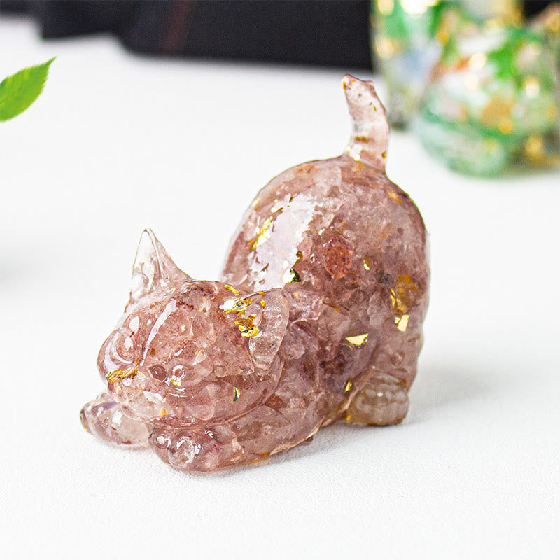 Buddha Stones Rekkende kat van hars met kristalgrind als meditatiedecoratie - Aardbeikwarts - 4,5*3*4,2 cm - image 26