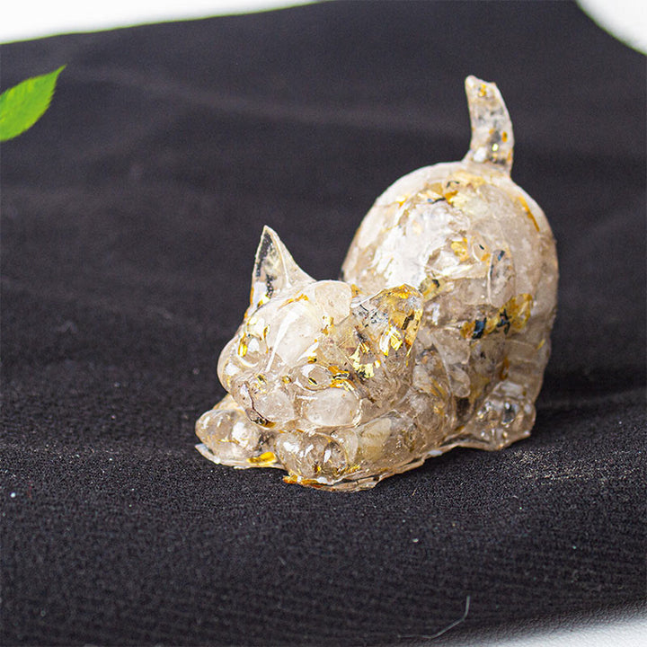 Buddha Stones Rekkende kat van hars met kristalgrind als meditatiedecoratie - Rutielkwarts - 4,5*3*4,2 cm - image 32