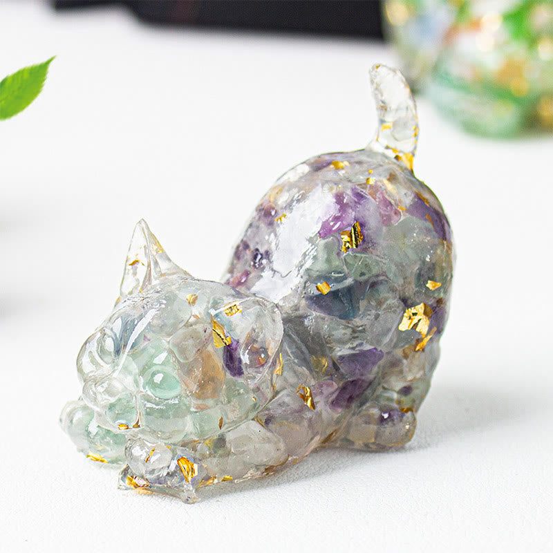 Buddha Stones Rekkende kat van hars met kristalgrind als meditatiedecoratie - Fluoriet - 4,5*3*4,2 cm - image 28
