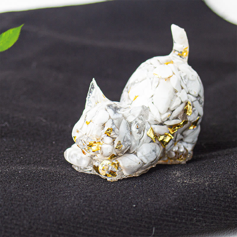 Buddha Stones Rekkende kat van hars met kristalgrind als meditatiedecoratie - Witte turkoois - 4,5*3*4,2 cm - image 30