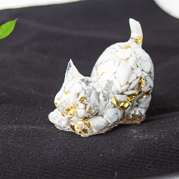 Buddha Stones Rekkende kat van hars met kristalgrind als meditatiedecoratie - Witte turkoois - 4,5*3*4,2 cm - image 30