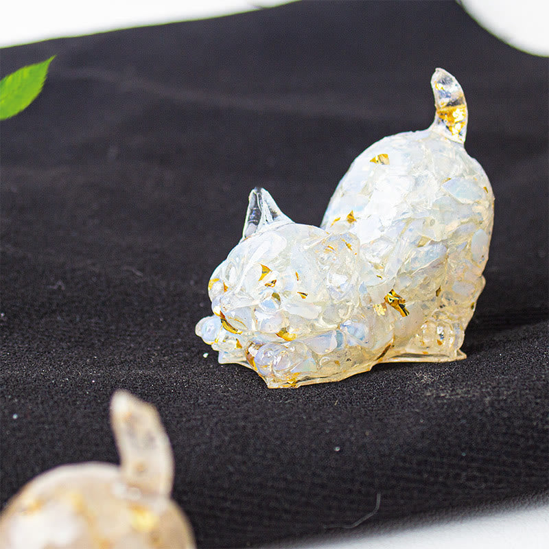 Buddha Stones Rekkende kat van hars met kristalgrind als meditatiedecoratie - Opaal - 4,5*3*4,2 cm - image 34