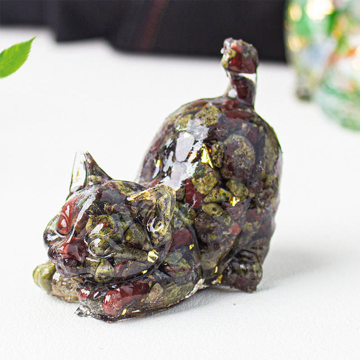 Buddha Stones Rekkende kat van hars met kristalgrind als meditatiedecoratie - Drakenbloed Jaspis - 4,5*3*4,2 cm - image 39
