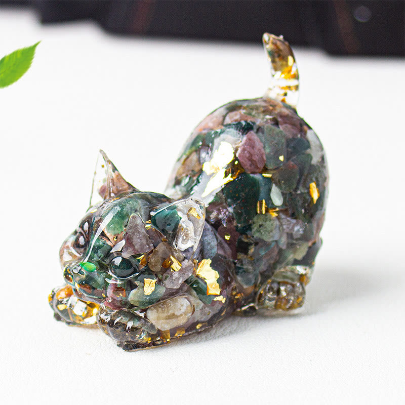 Buddha Stones Rekkende kat van hars met kristalgrind als meditatiedecoratie - Zee-sediment-jaspis - 4,5*3*4,2 cm - image 42