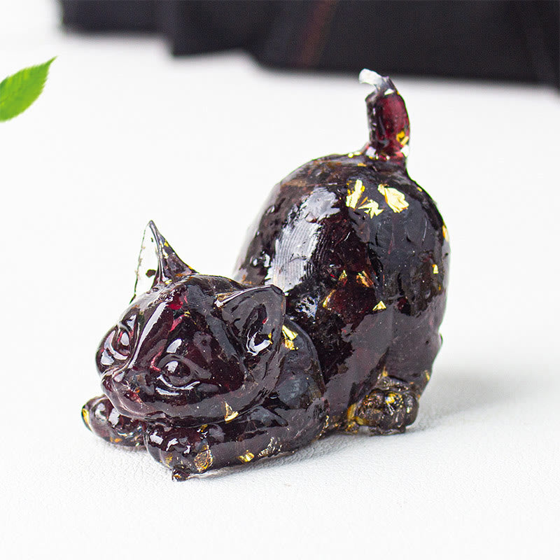 Buddha Stones Rekkende kat van hars met kristalgrind als meditatiedecoratie - Granaat - 4,5*3*4,2 cm - image 36