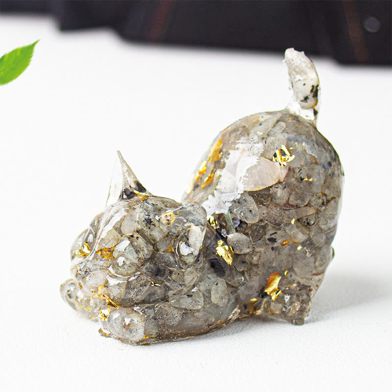 Buddha Stones Rekkende kat van hars met kristalgrind als meditatiedecoratie - Labradoriet - 4,5*3*4,2 cm - image 45