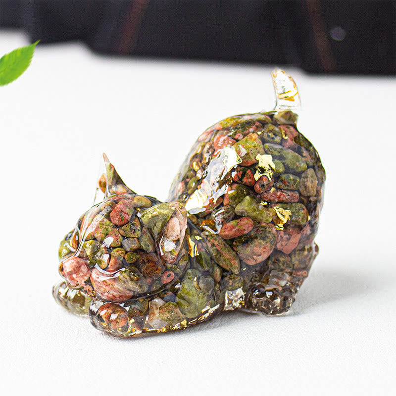 Buddha Stones Rekkende kat van hars met kristalgrind als meditatiedecoratie - Unakiet - 4,5*3*4,2 cm - image 43