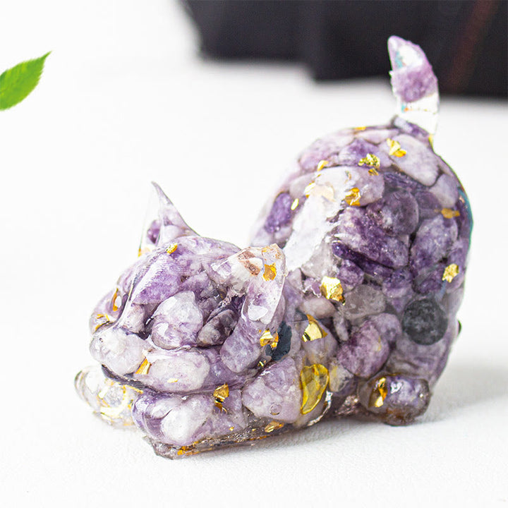 Buddha Stones Rekkende kat van hars met kristalgrind als meditatiedecoratie - Lepidoliet - 4,5*3*4,2 cm - image 50
