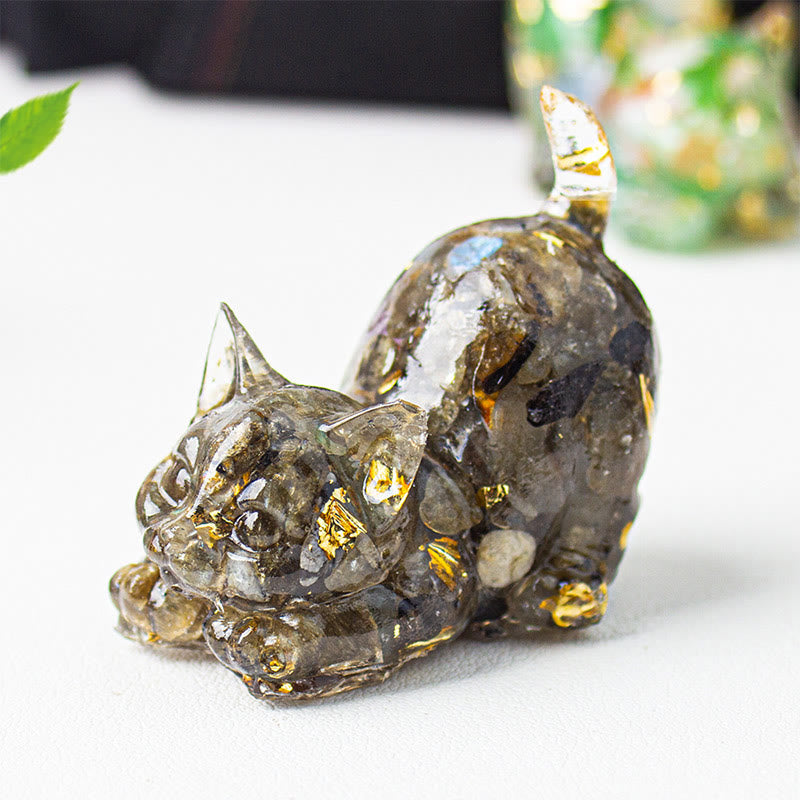 Buddha Stones Rekkende kat van hars met kristalgrind als meditatiedecoratie - Zwarte labradoriet - 4,5*3*4,2 cm - image 46